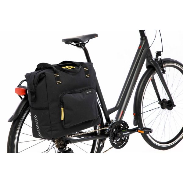 Nieuwe Looxs Tulum Camella dubbele fietstas van 26 liter, gemaakt van 100% gerecycled polyester, zichtbaar met sluitingen en handvatten