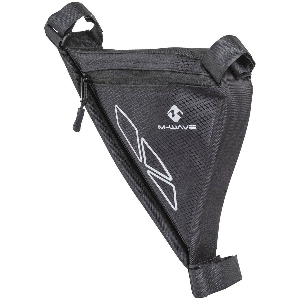 Zwarte M-Wave Frametas Rotterdam bikepacking tas bevestigd aan fietsframe, ideaal voor reizen en accessoires.