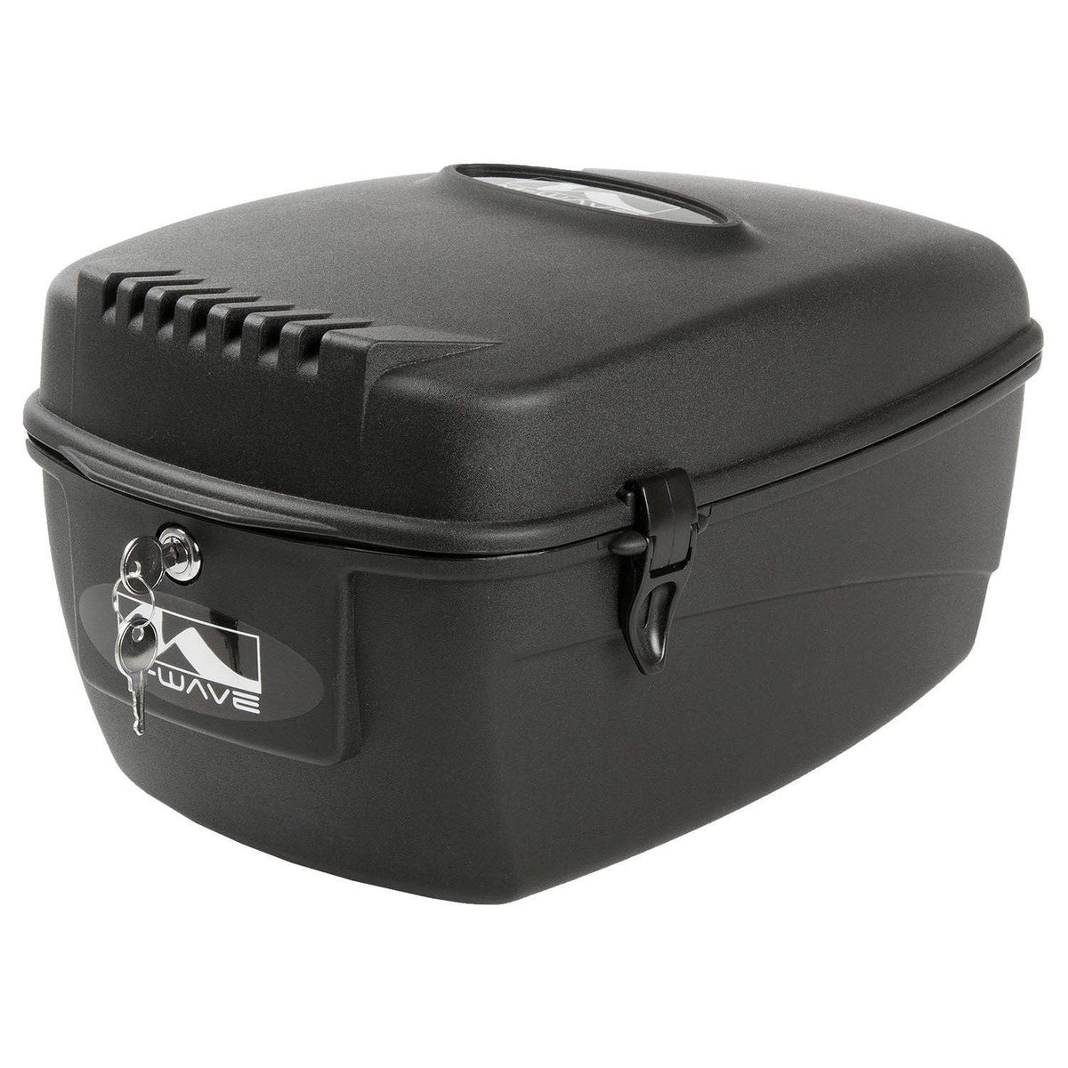 Zwarte M-Wave fietskoffer of top case Amsterdam, robuuste tas voor fietsaccessoires en bagage, geschikt voor dagelijks gebruik.