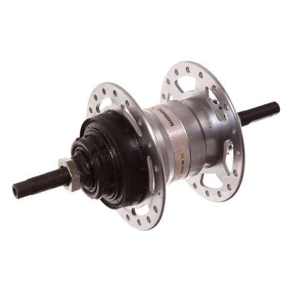 Shimano Nexus SG-3R40 36-gear versnellingsnaaf met rollerbrake in zilver, zichtbaar met schakelkettinngindicator.