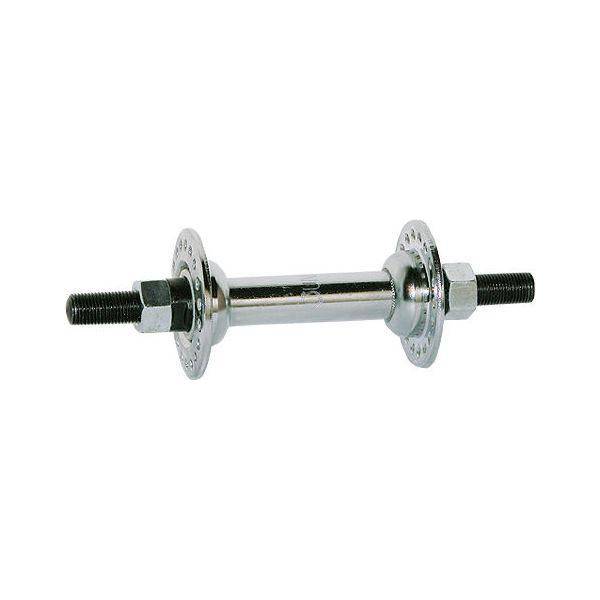 Verchroomde voornaaf Marwi 412 met 36 versnellingen, 100 mm inbouwbreedte, voor fiets, close-up van de naafcomponent