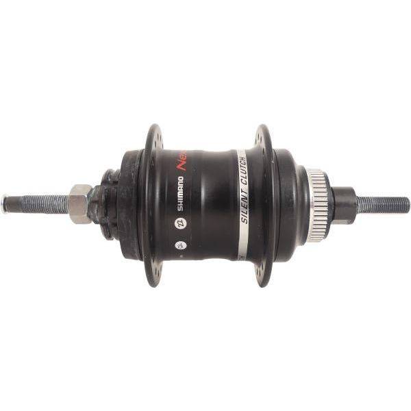 Shimano Nexus SG-3D55 3-speed versnellingsnaaf met schijfrem en zwarte afwerking, geschikt voor fietsen.