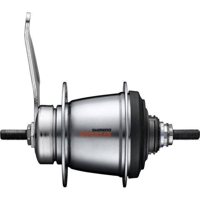 Shimano Nexus SG-C30017 7-speed versnellingsnaaf met terugtraprem, zilverkleurig, schakelkettingindicator zichtbaar in de afbeelding.