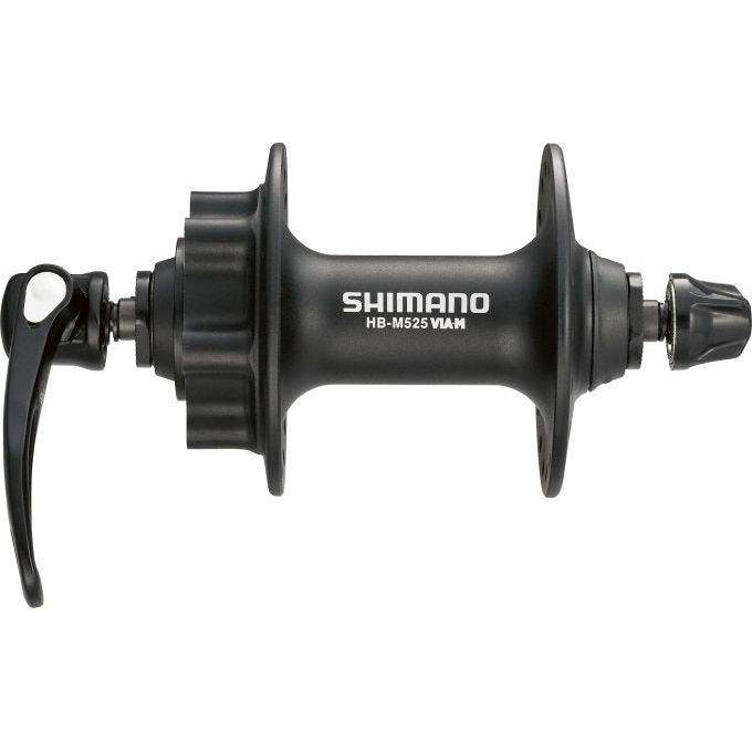 Shimano Fh-M525 voornaaf met 36 versnellingen en 6-bouts remschijfbevestiging, zwart, geschikt voor mountainbikes.