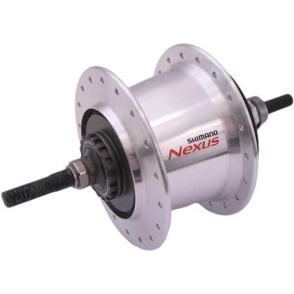 Shimano Nexus SG-C3001-7R 7-speed versnellingsnaaf met rollerbrake en 36 tanden in zilver, zichtbaar op de afbeelding