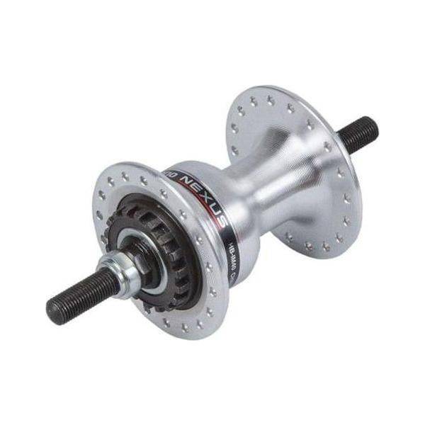 Shimano Nexus HB-IM40 voornaaf 100 mm 36-gaats zilver met rollerbrake en schakelkettingindicator, geschikt voor stadsfietsen.
