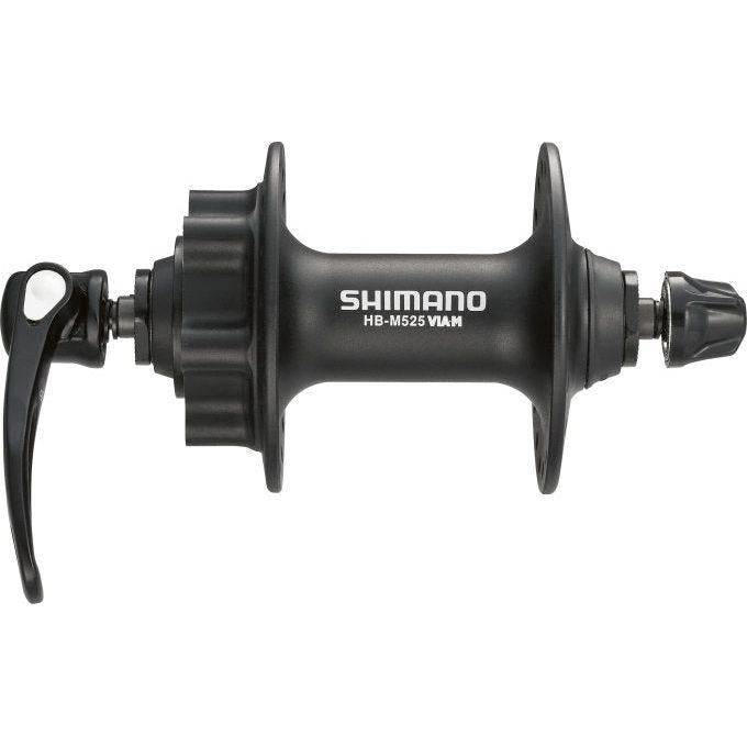 Shimano Fh-M525 32-versnellingen voornaaf met 6-bouts remschijfbevestiging en schakelkettingindicator, zwart en robuust ontwerp