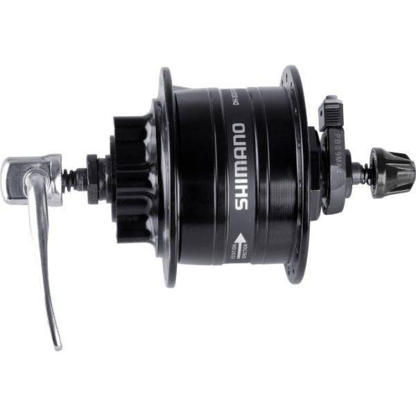 Shimano Dh-3D32 3,0 W naafdynamo met 6-bout schijfrem en snelontkoppeling, zwart, zichtbaar met schakelkettingindicator.