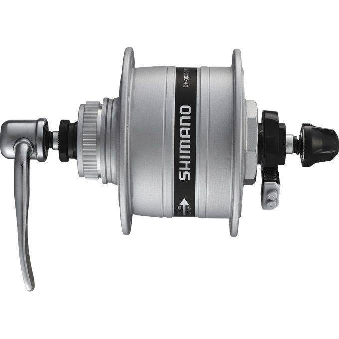 Shimano Dynamonaaf HD-3D37 schakelkettingindicator in zilver, 3 Watt, 36 Gaats, Center-Lock, snelspanner voor fiets.