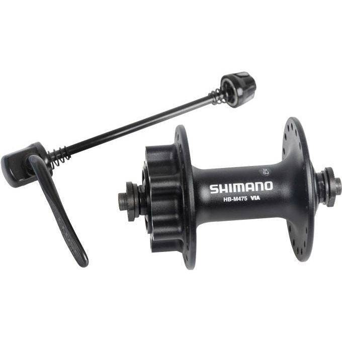 Shimano Fh-M475 voornaaf met 36 versnellingen, 6-bouts remschijfbevestiging in zwart, geschikt voor mountainbikes.