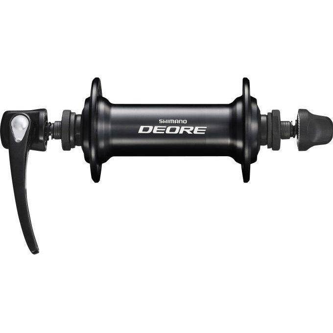 Shimano Deore T610 voornaaf met Quick Release en 32-gats, geschikt voor fietsvelgremmen, zichtbaar met snelkoppeling en bevestigingsonderdelen.