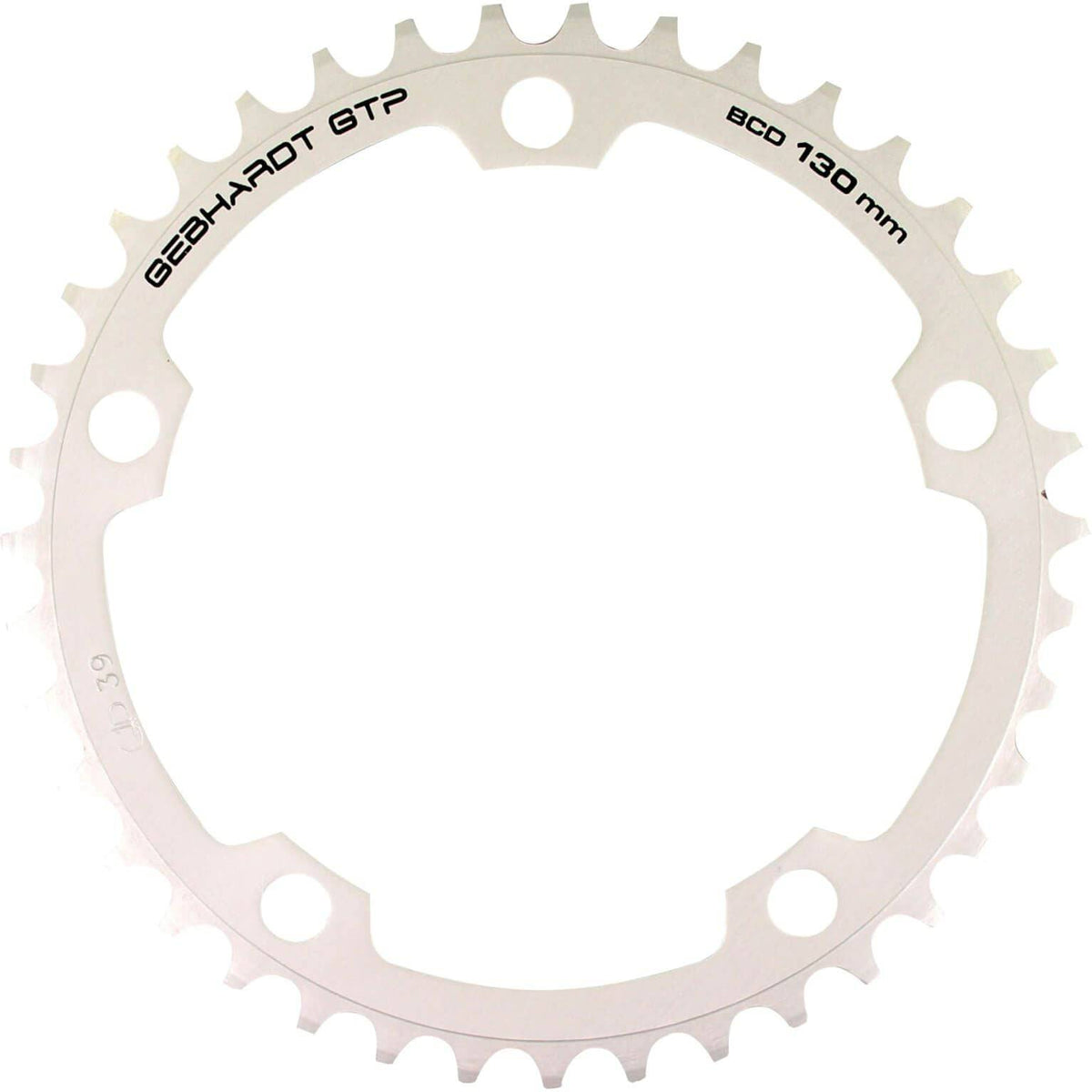 Gebhardt kettingblad 9 snelheden, zilver, 5-gaats, geschikt voor fiets, close-up van het kettingblad met tandwielen