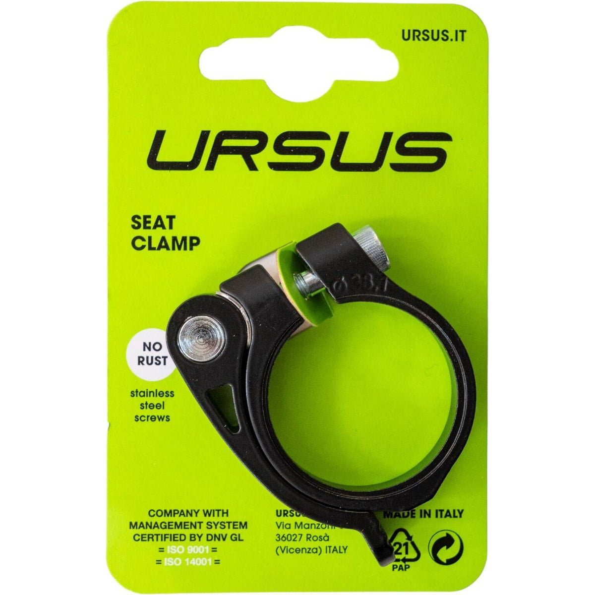 Ursus zadelpenklem Ø38,1 mm van aluminium met snelspanner, zwart, geschikt voor fiets zadelpen.