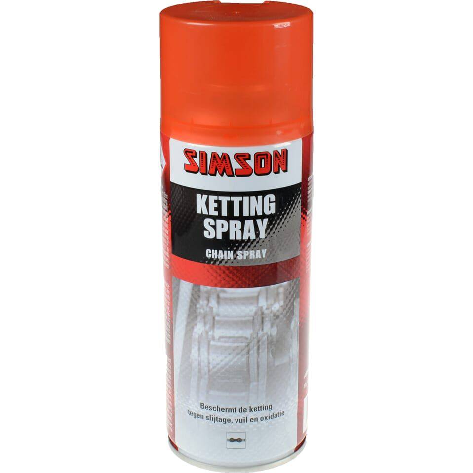Simson kettingleger spray 400ml, smeermiddel voor fietskettingen en tandwielen, in een sprayfles, zichtbaar in de afbeelding.