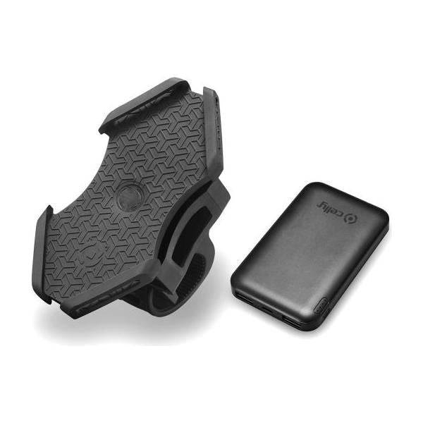 Zwarte Celly fiets telefoonhouder met geïntegreerde powerbank, geschikt voor veilig gebruik tijdens het fietsen.