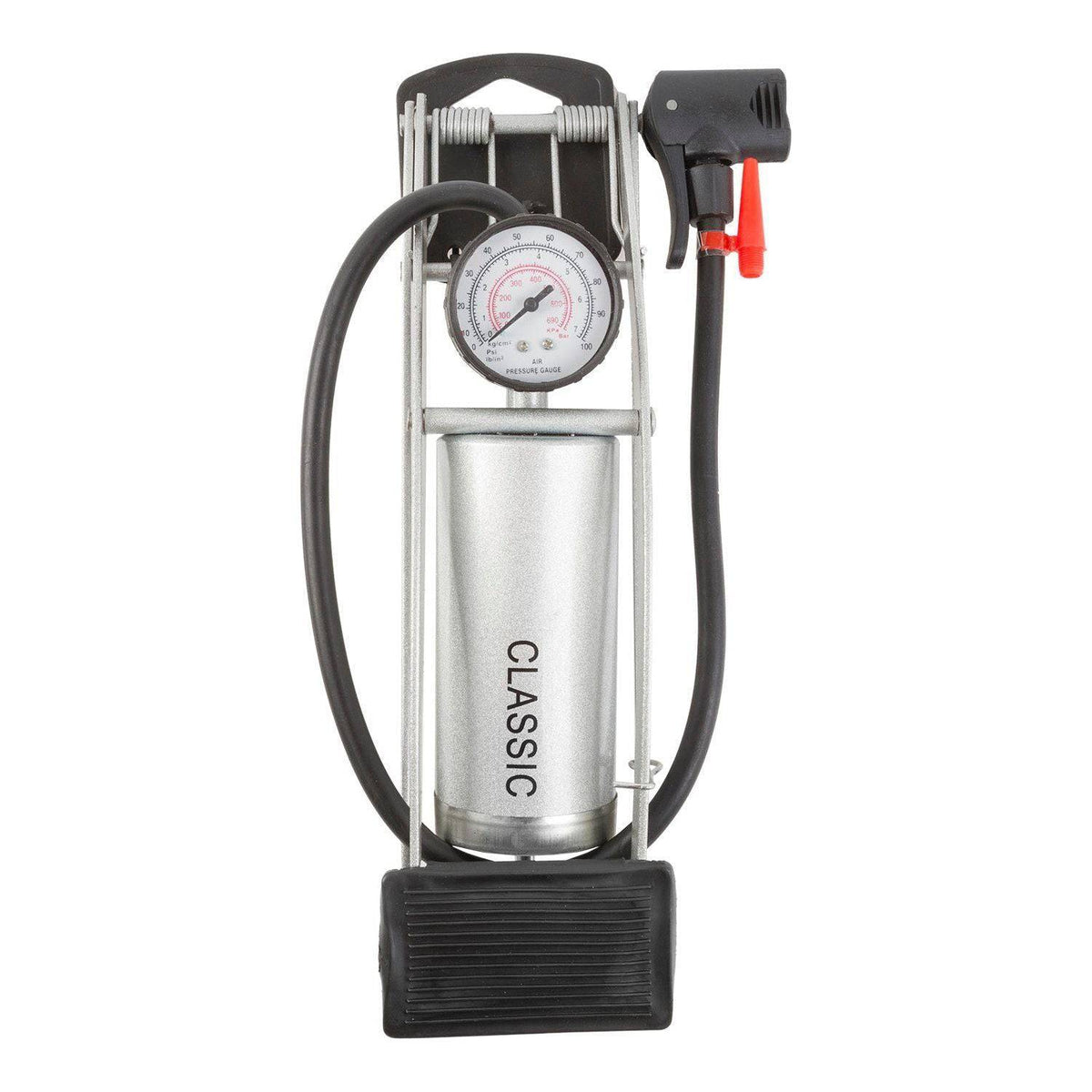 M-Wave trapvoetpomp Classic Base Power met één cilinder, geschikt voor fietsbanden, in zwart met handvat.