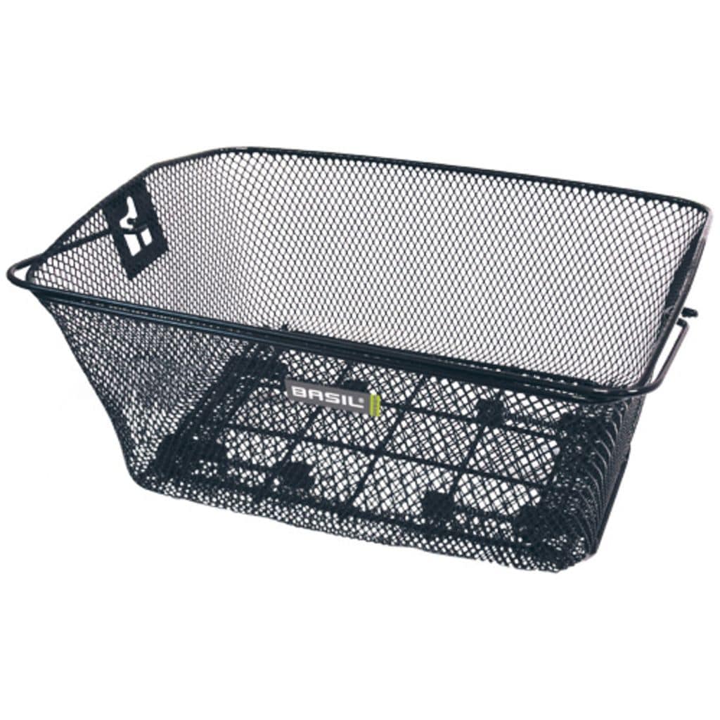 Zwarte Basil fietsmand van staal met basco-klemsysteem, afmetingen 41x31x20 cm, geschikt voor fietsendragers.