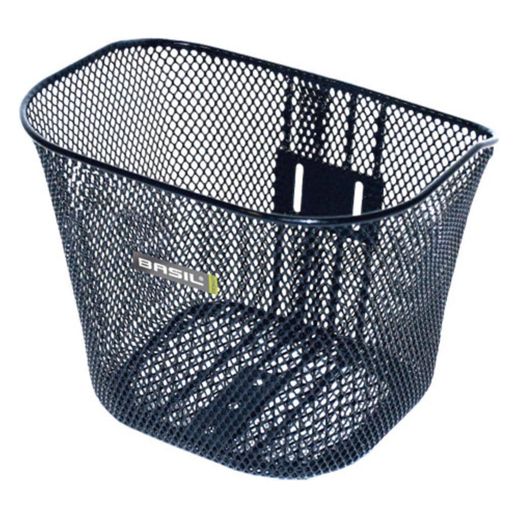Zwarte stalen Basil Toronto kinderfietskorf met afmeting 25x20x20 cm, geschikt voor kinderfietsen en decoratief gebruik