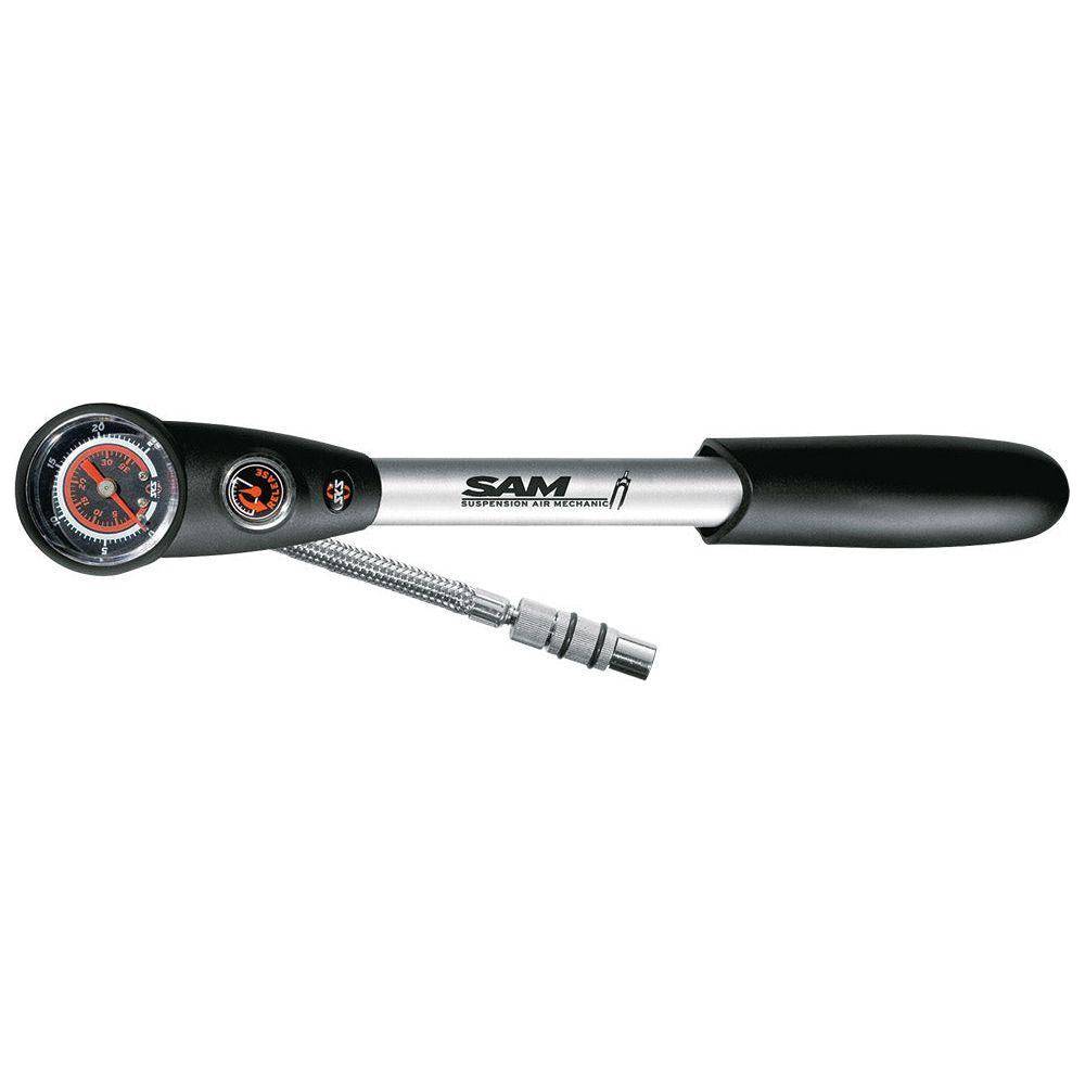 Aluminium SKS voetpomp met manometer, geschikt voor vork- en demperpomp, in zilveren kleur, zichtbaar met drukmeter.