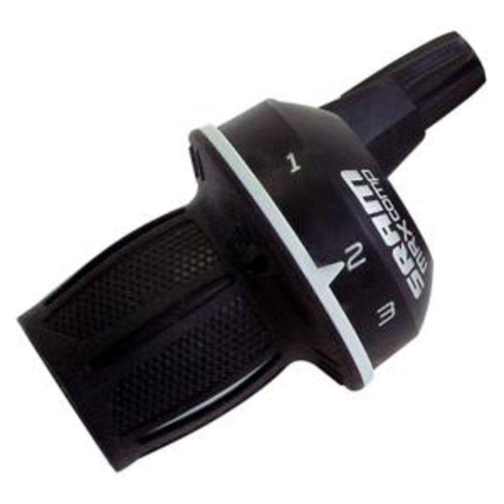 Zwart Sram Gripshift MRX 3V shifter met schakelkabels voor fiets, zichtbaar in close-up.
