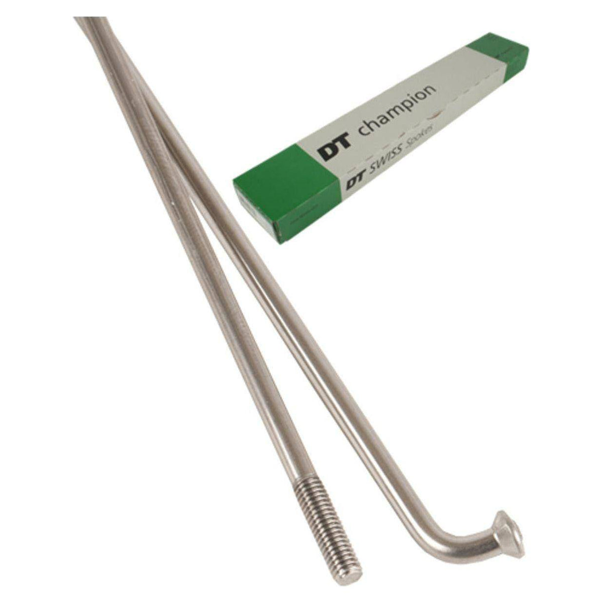 Zilveren DT Swiss Spaak 14X284 DT Champion, geschikt voor fietswiel, met metalen draad en bevestigingskop, zichtbaar in de afbeelding.