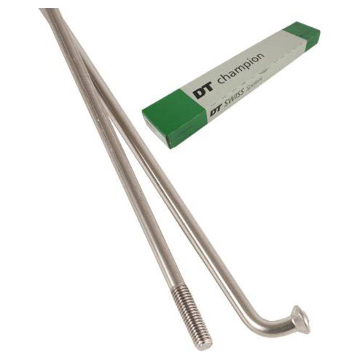 Set van 100 zilveren DT Swiss Champion 13x302mm J-Bend roestvrijstalen spaak, geschikt voor racefietsen, in doos.