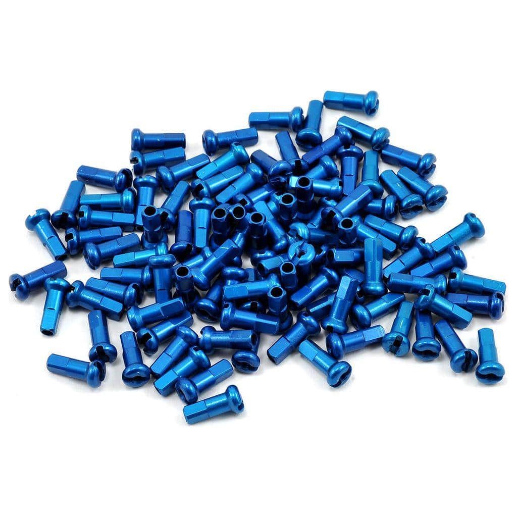 Blauwe DT Swiss Spaaknippel van aluminium, 14 mm lengte, voor fietswielen, zichtbaar op de afbeelding.