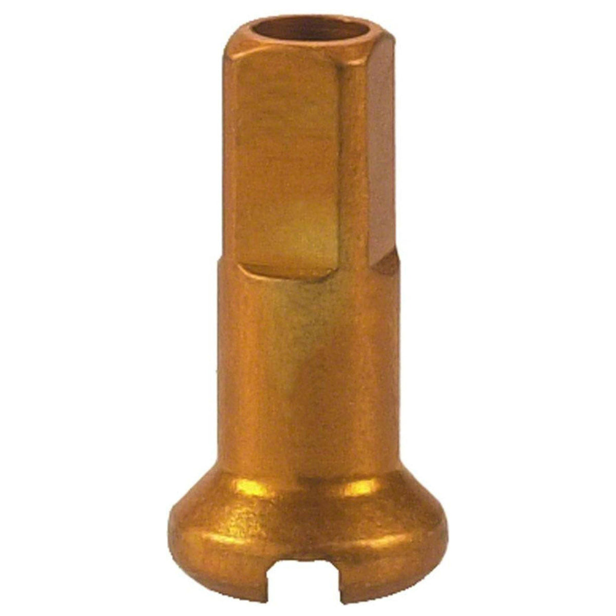 Gouden DT Swiss Spaaknippel Al 14 mm voor fietswielen, zichtbaar op de afbeelding.