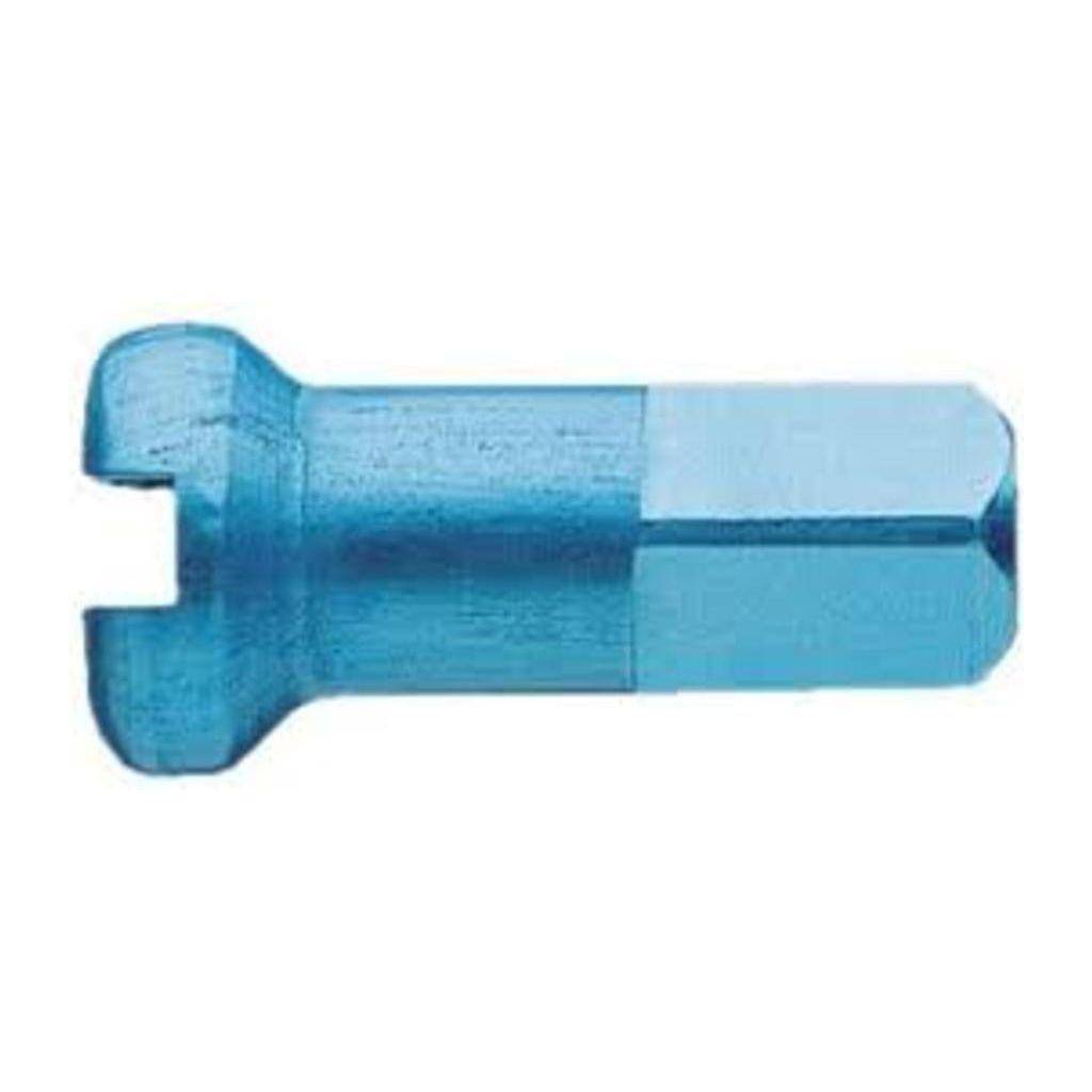 DT Swiss spaaknippel van aluminium, 14 mm lengte, turquoise kleur, geschikt voor fietsvelgen, close-up van de nippel.