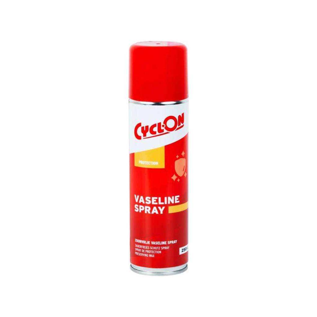 CyclOn Vaseline Spray 250 ml, zuurvrij bescherming middel, spray flacon met wit product en blauwe verpakking