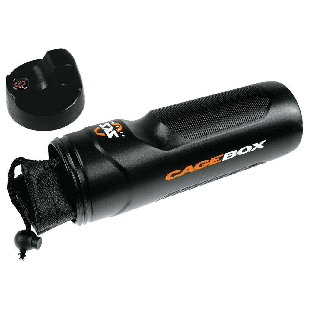 Zwarte en oranje SKS Toolbox Bidon met waterdichte behuizing, 0,9 liter capaciteit voor fietsonderhoud en accessoires