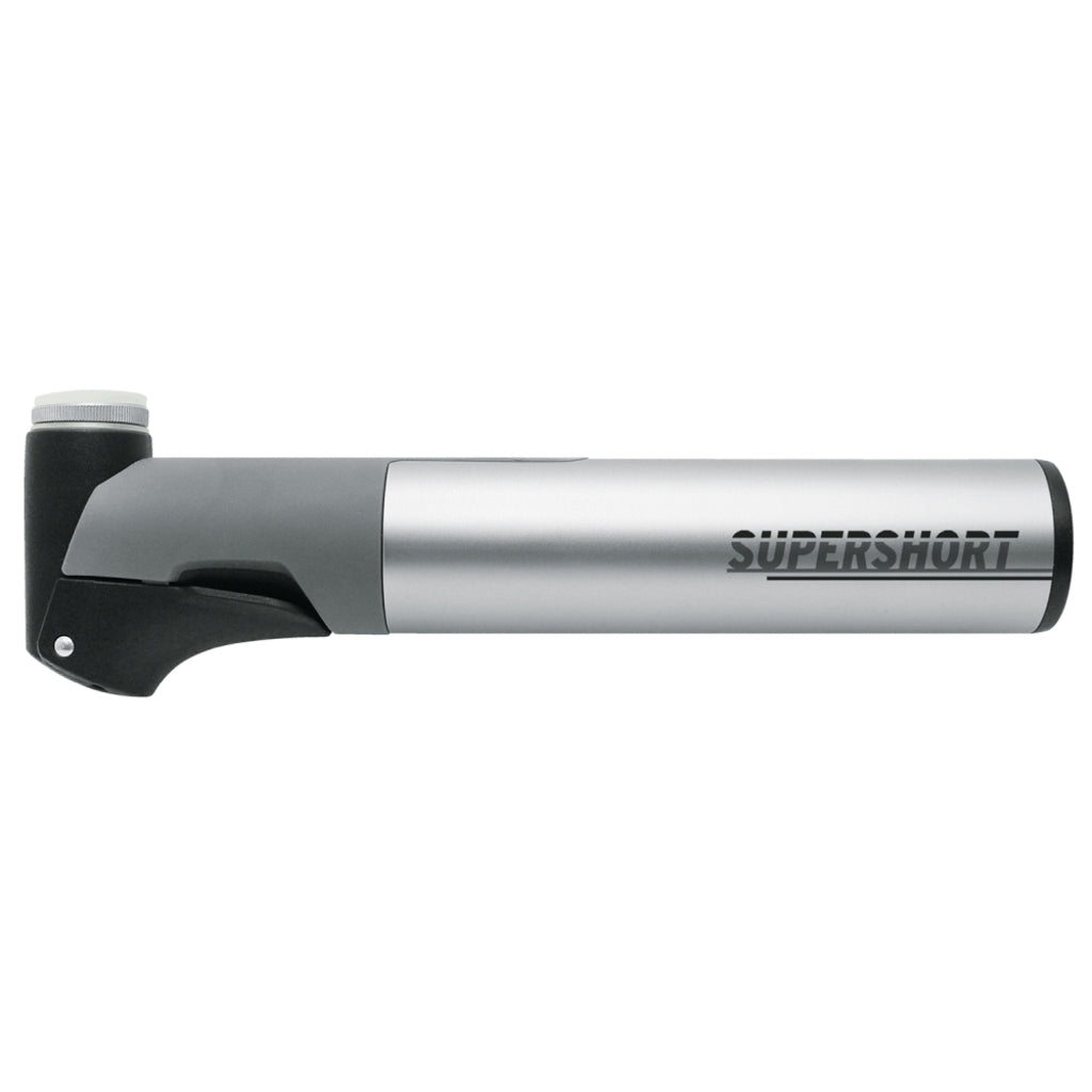 Zilveren SKS Supershort 164 mm aluminium/PVC handpomp met korte, lichte constructie voor fietsreparaties