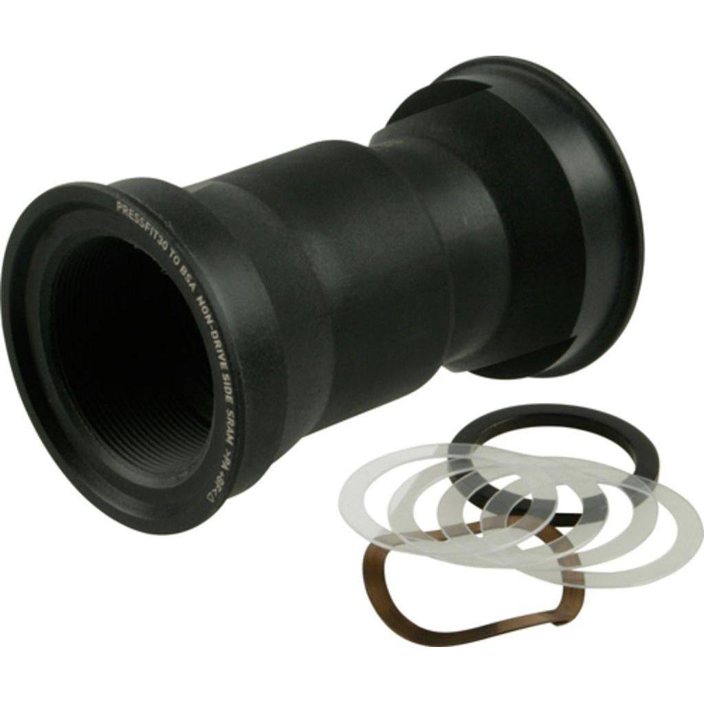 Zwart Sram trapas montagekit met adapter van Pressfit 30 naar BSA voor 68/73 mm frame buisdiameter, inclusief montageonderdelen.