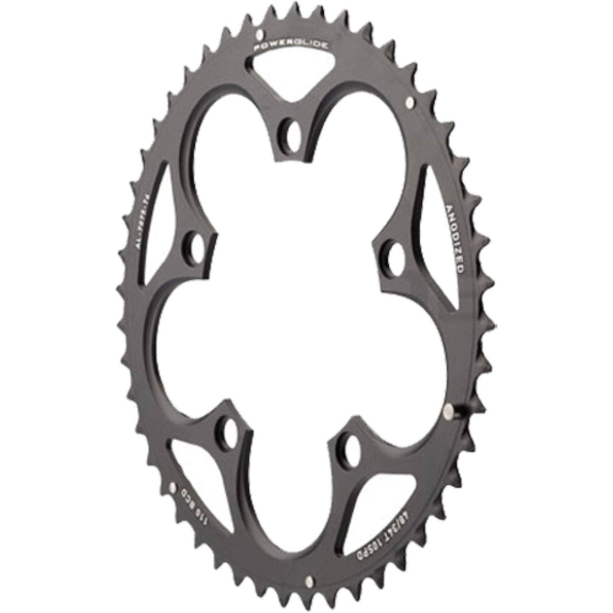 Zwart Sram kettingblad BB30 S-Pin 10-speed 48T voor fietsen, zichtbaar met steekgaten en montagegaten in de afbeelding