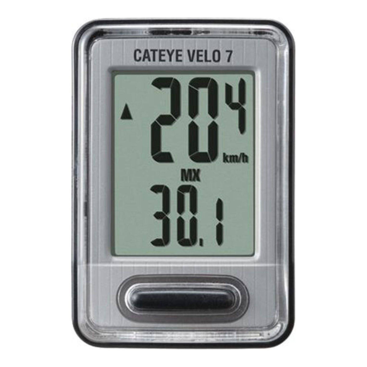 Zwarte Cateye Velo 7 CC-VL520 fietscomputer met 7 functies en kilometerteller, zichtbaar op het scherm.