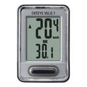 Zwarte Cateye Velo 7 CC-VL520 fietscomputer met 7 functies en kilometerteller, zichtbaar op het scherm.