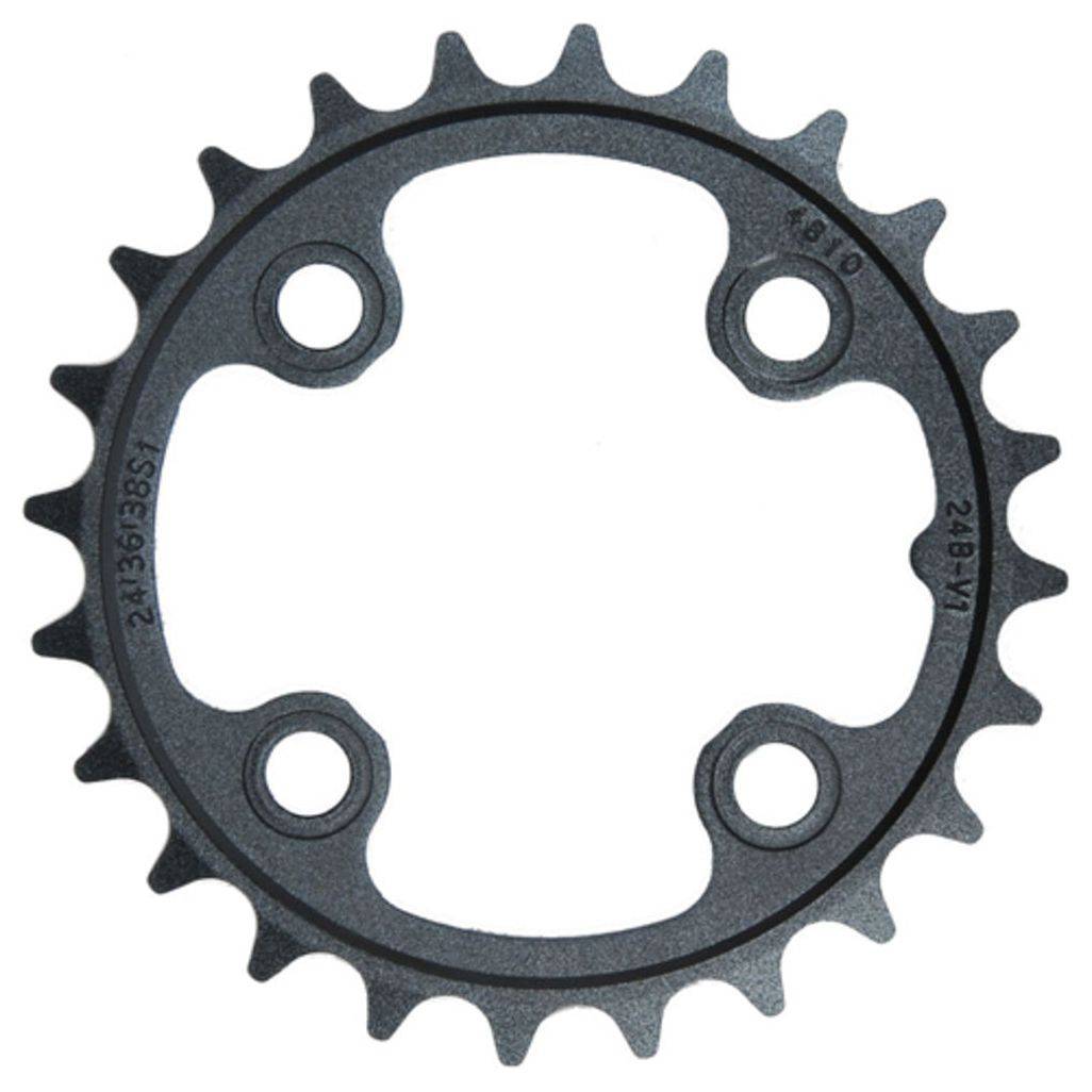 Zwart Sram Truvativ kettingblad voor 10-speed fiets, 64 tanden, geschikt voor 9V steek, afgebeeld op de fiets.