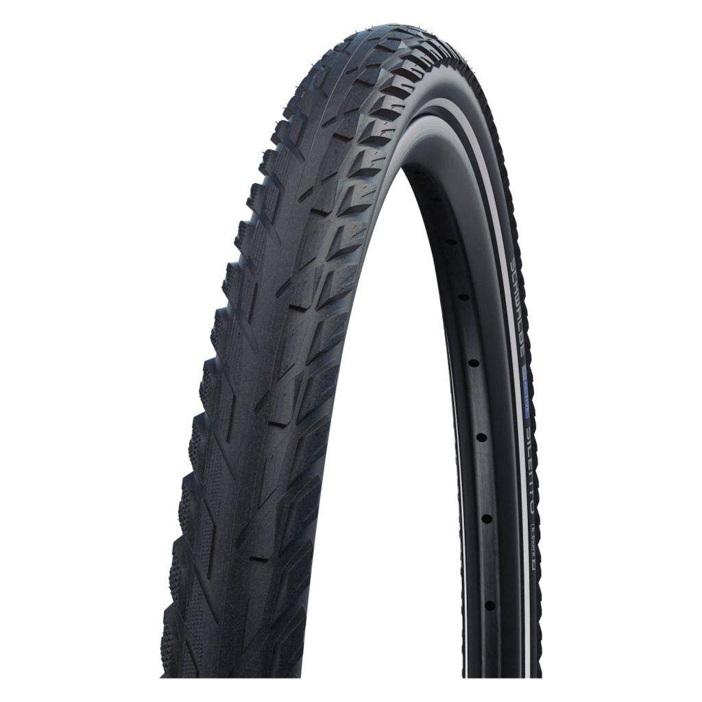 Zwarte 28-inch Schwalbe Silento K-Guard buitenband met reflecterende zijwand voor stadsfietsen