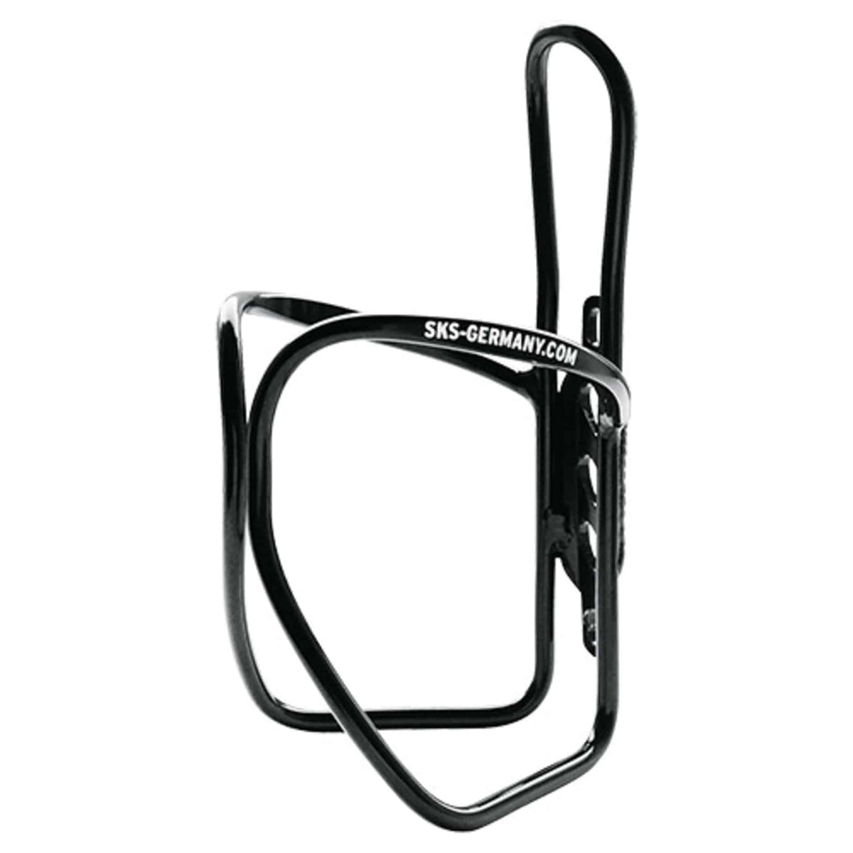 Zwarte SKS aluminium bidonhouder met draadbeugel, geschikt voor fiets en bidons, bevestigd aan frame.