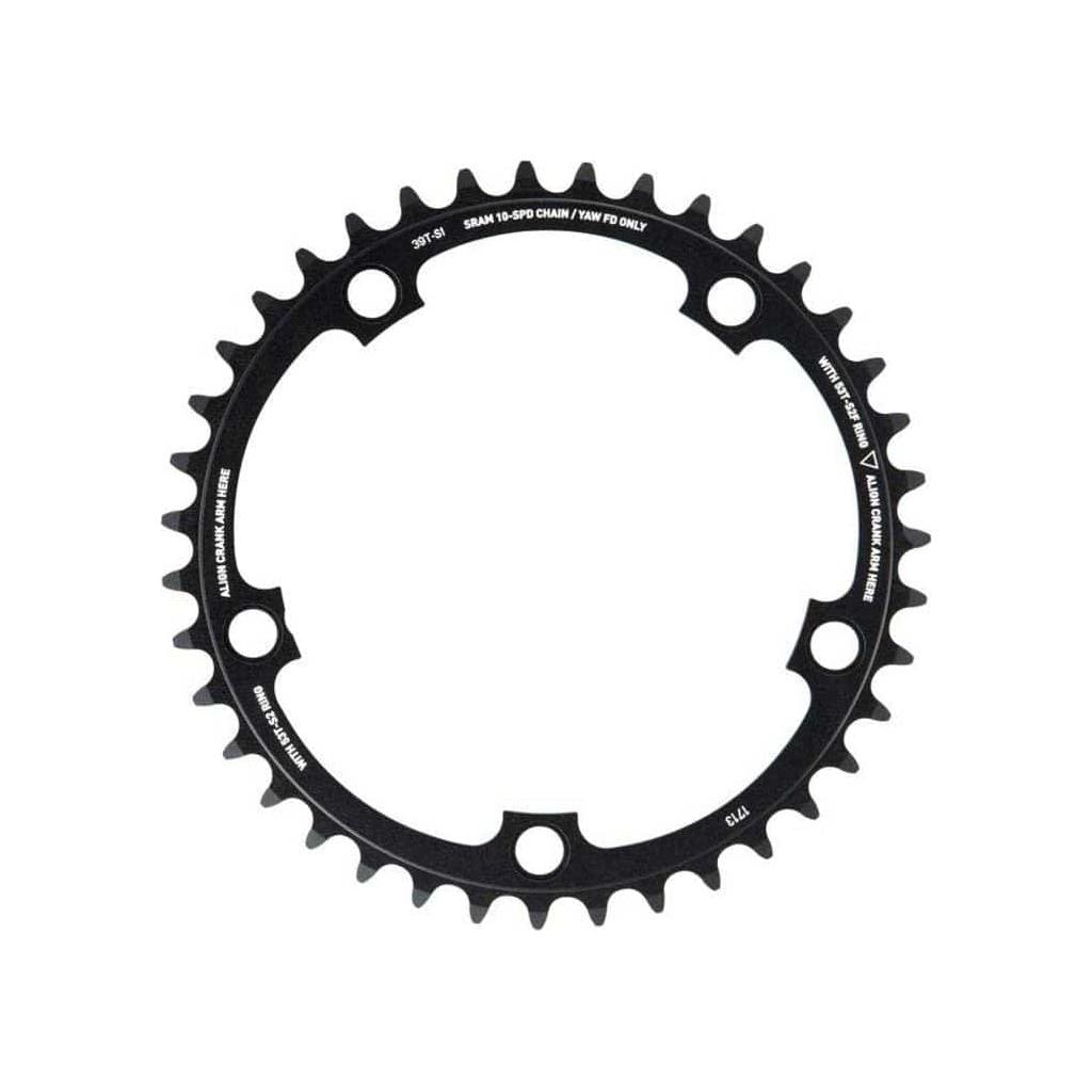 Zwart Sram kettingblad 10 snelheden 39T met steek 130, zichtbaar met tandwielen en bevestigingsgaten.