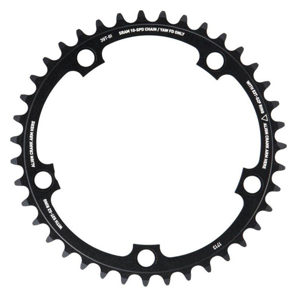 Zwart Sram kettingblad 11-speed 39T voor 130mm pitch, zichtbaar met tandringen en montagegaten.