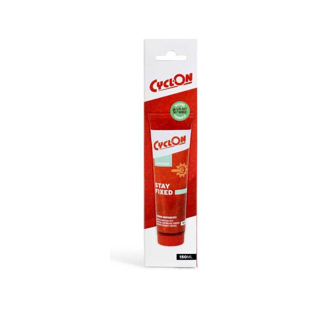 CyclOn Stay Fixed Carbon montagepasta in 150 ml flesje, geschikt voor duurzame bevestigingen en reparaties.