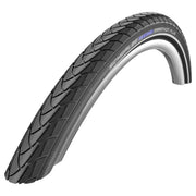 Zwarte Schwalbe 26-inch Marathon Plus SmartGuard E-bike buitenband met reflectie, geschikt voor elektrische fietsen.