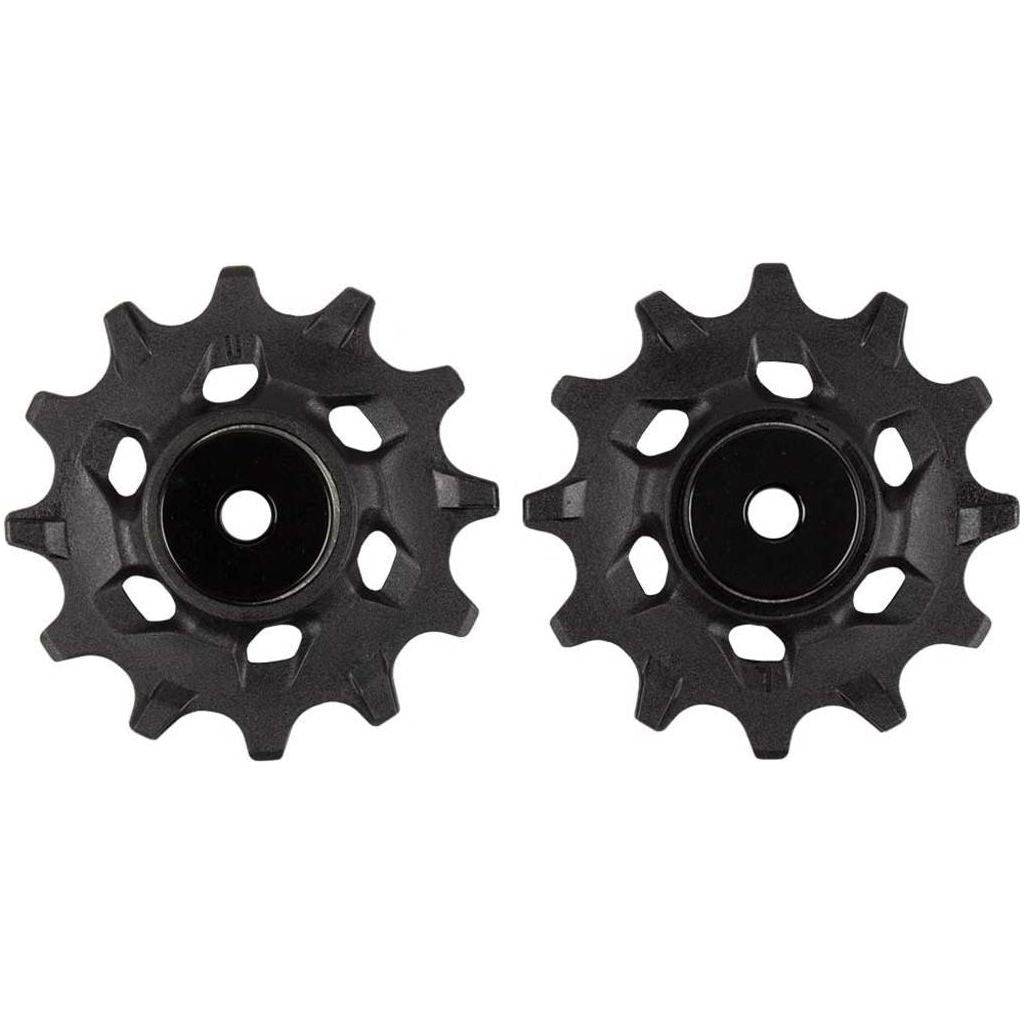 Sram derailleurwieltjes X1/X01/Gx1/Force1/Rival1 1X11V, close-up van de wieltjes voor derailleur, zwart en metalen onderdelen