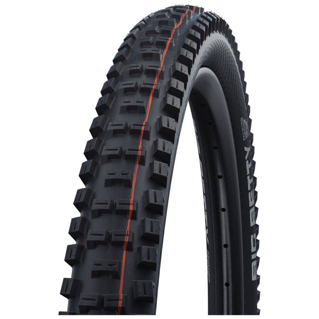 Zwarte Schwalbe Big Betty Super Trail vouwband voor MTB, 26 x 2.40 inch, zichtbaar met profiel en zijwand in de afbeelding.