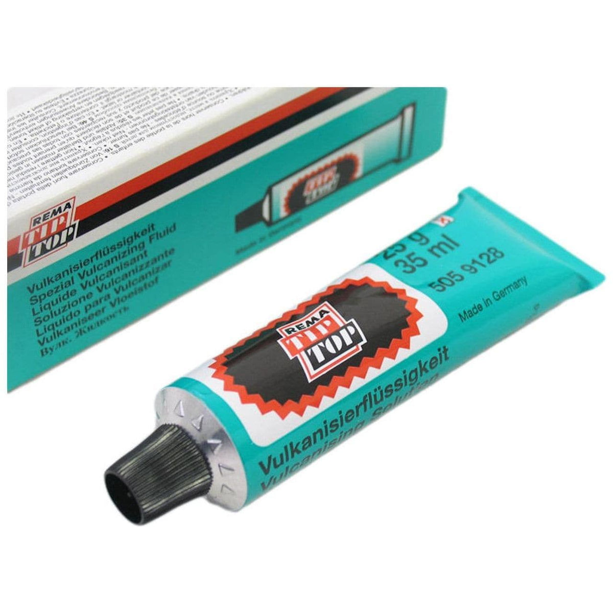 Rema Tiptop solutie Tiptip van 25 gram en 35 ml voor bandreparaties, zichtbaar in de afbeelding.