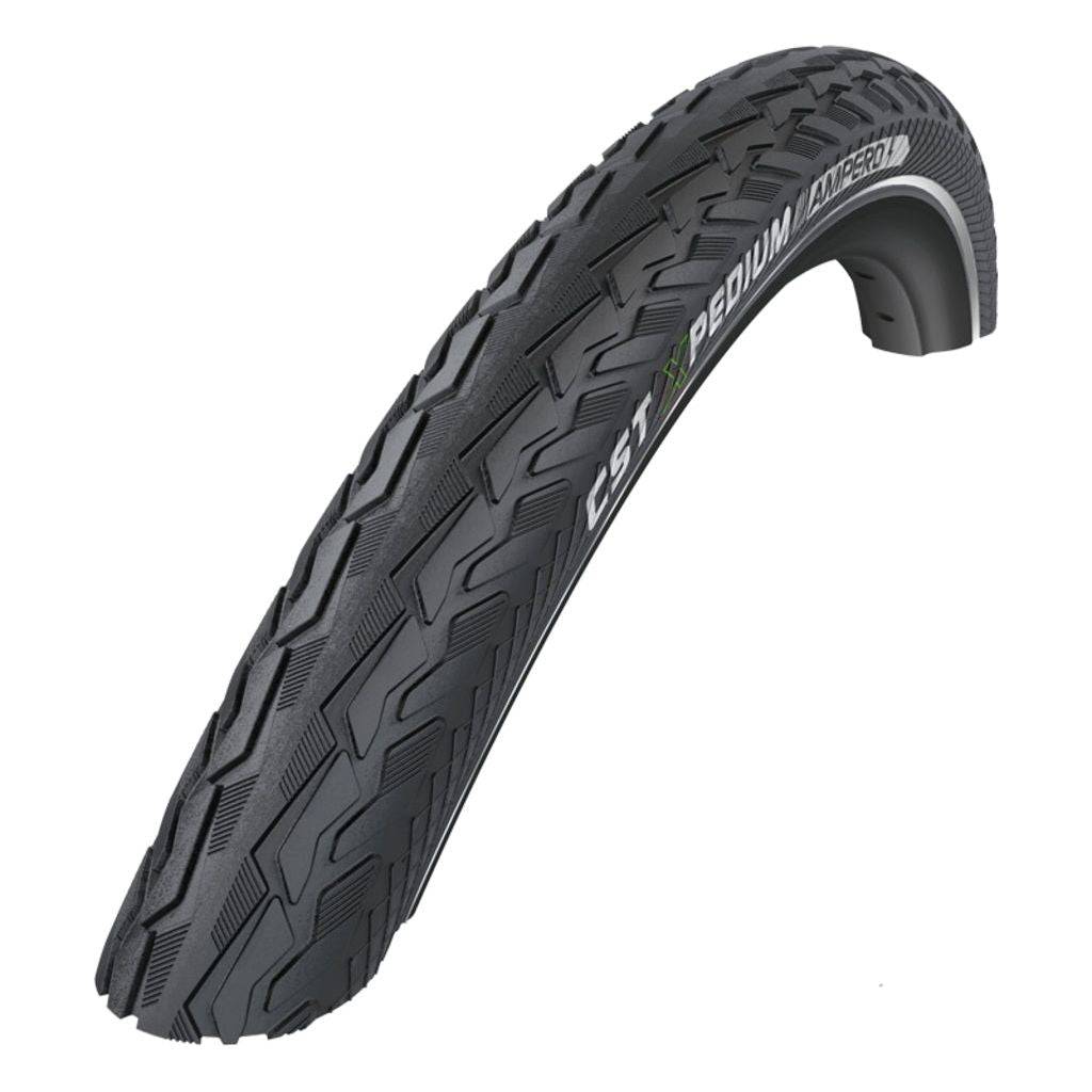 Zwarte CST 28-inch Xpedium Ampero stadsfietsbeschermband met reflecterende lijnen, geschikt voor stadsfietsen.