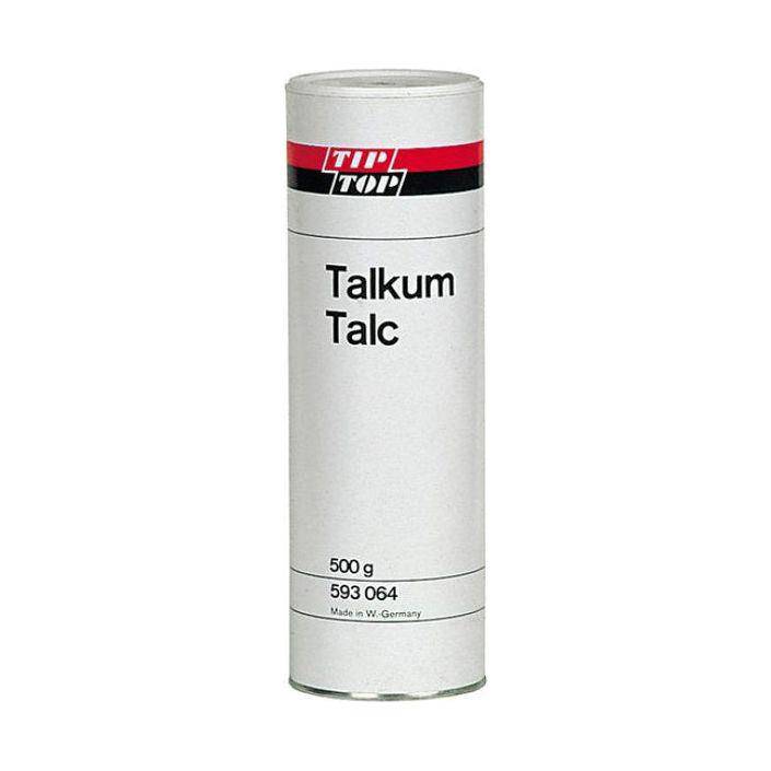Bandreparatie koker Talkpoeder Rema Tiptop, 500 gram voor het herstellen van banden, zichtbaar in de afbeelding.