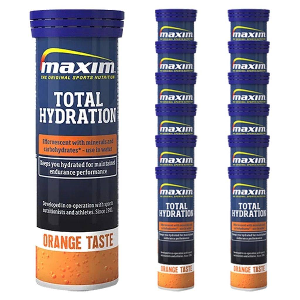 Maxim Energy Orange sportdrank tabletten in een 100g koker, ideale energielevering voor sport en actieve momenten.