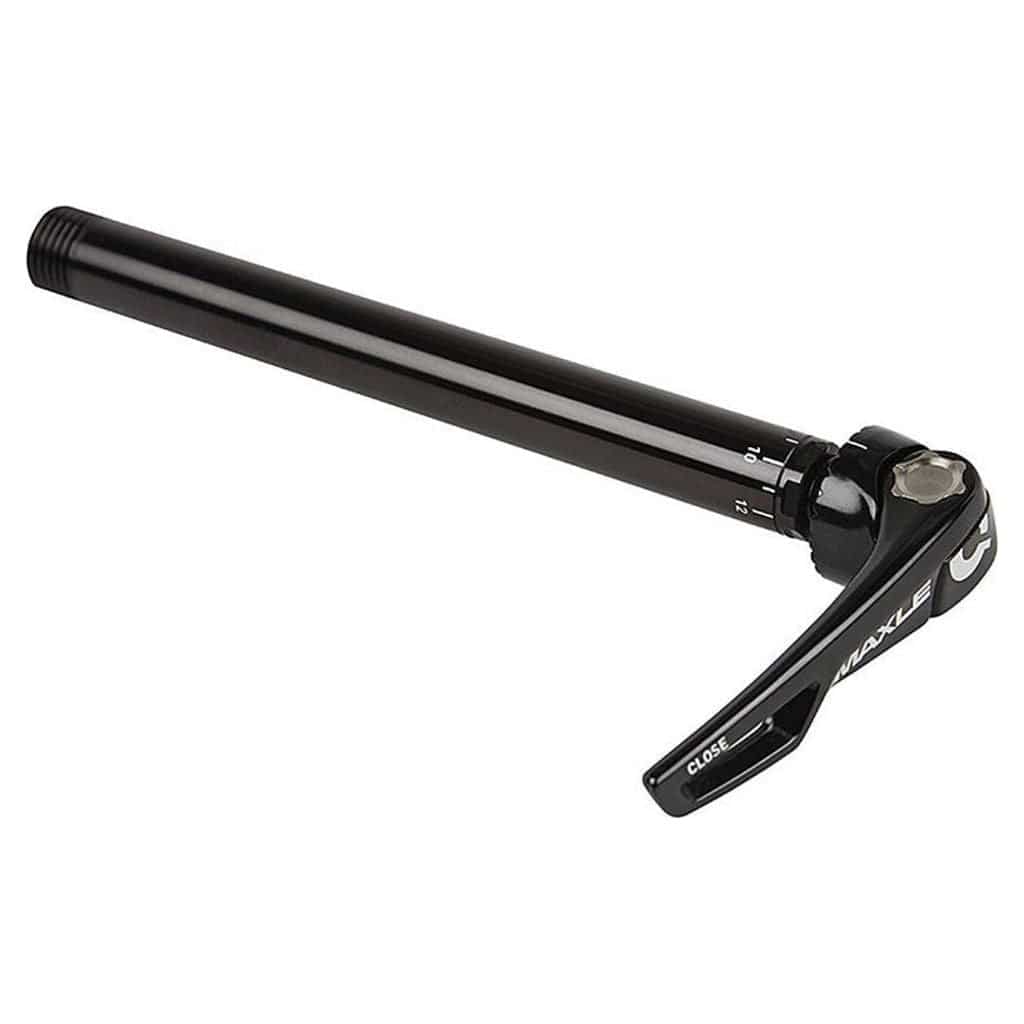 Zwarte Sram Naaf Blocage Maxle Ultimate 100/12 met snelspanner voor fietswielen, zichtbaar in de afbeelding.
